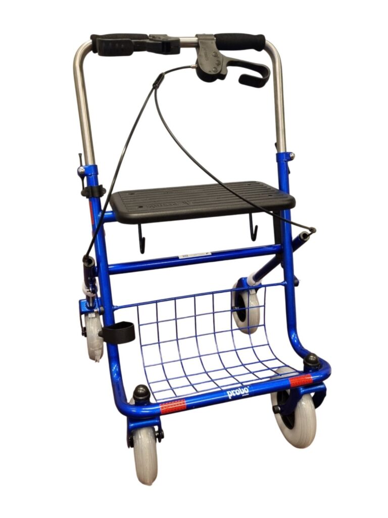 Blauwe rollator met duwbeugel eenzijge rem links met extra loopbrake