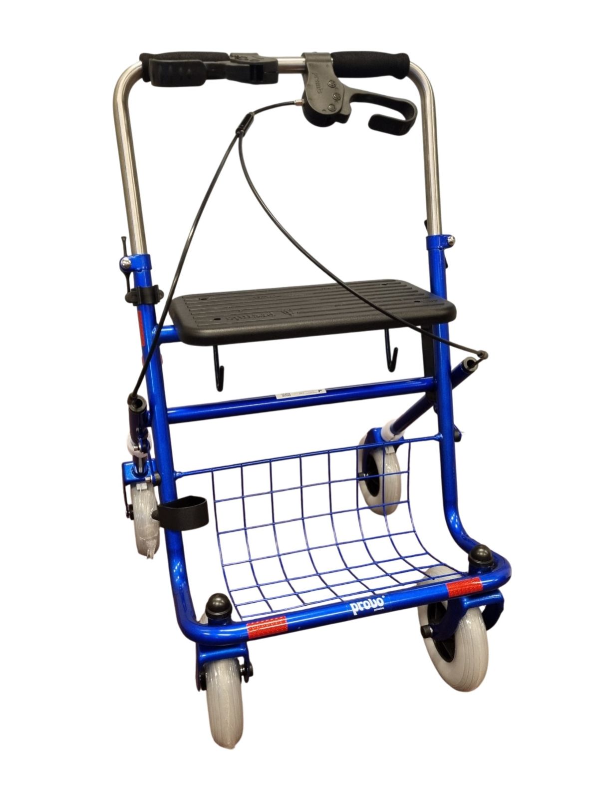 Blauwe rollator met duwbeugel eenzijge rem links met extra loopbrake