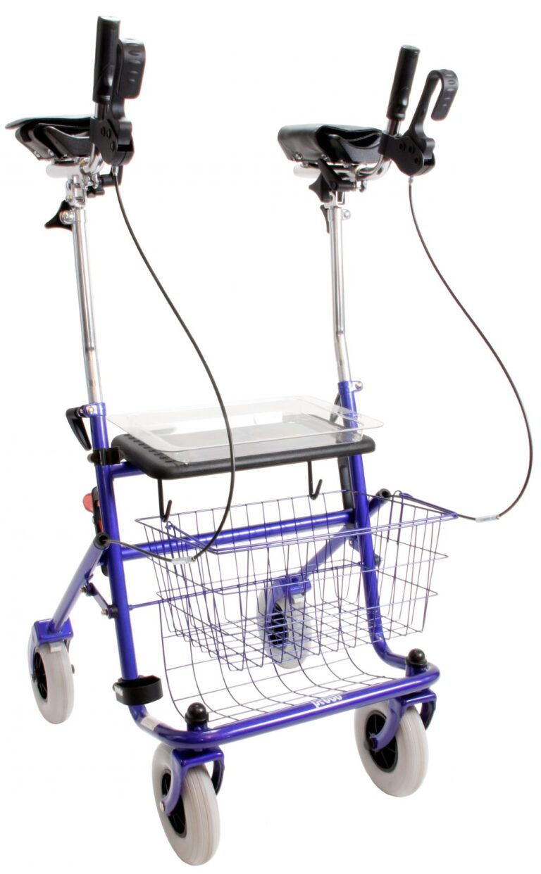Blauwe rollator met onderarmschalen met eenzijdige rem