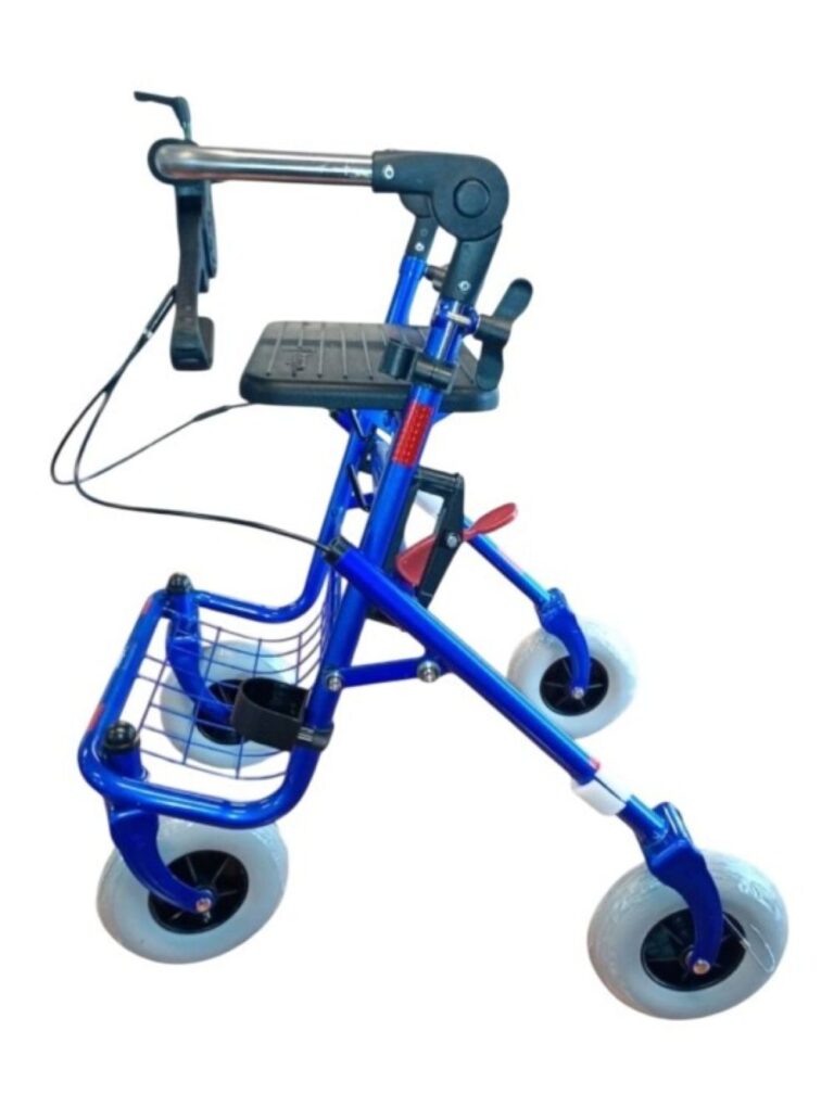 Blauwe rollator met opklapbare duwbeugel eenzijdige rem links