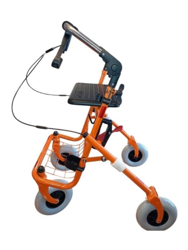 Oranje rollator met opklapbare duwbeugel eenzijdige rem links