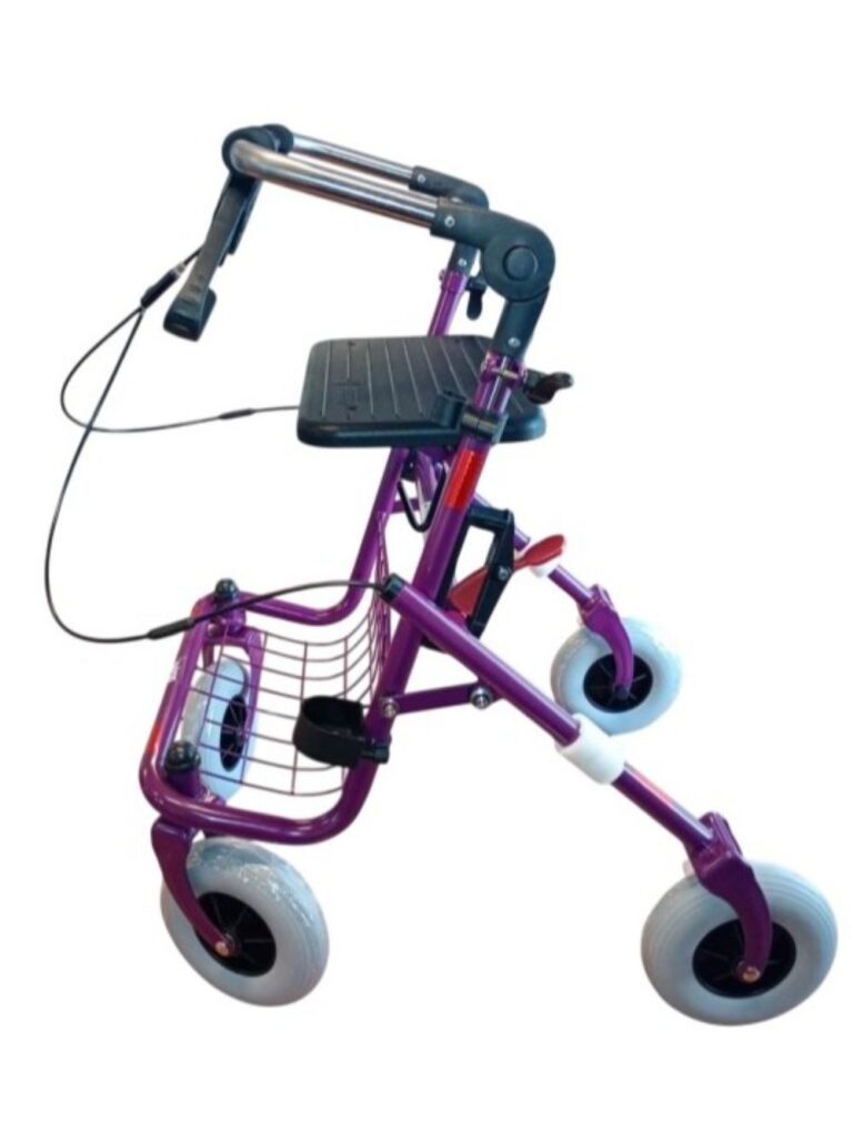 Paarse rollator met opklapbare duwbeugel eenzijdige rem links