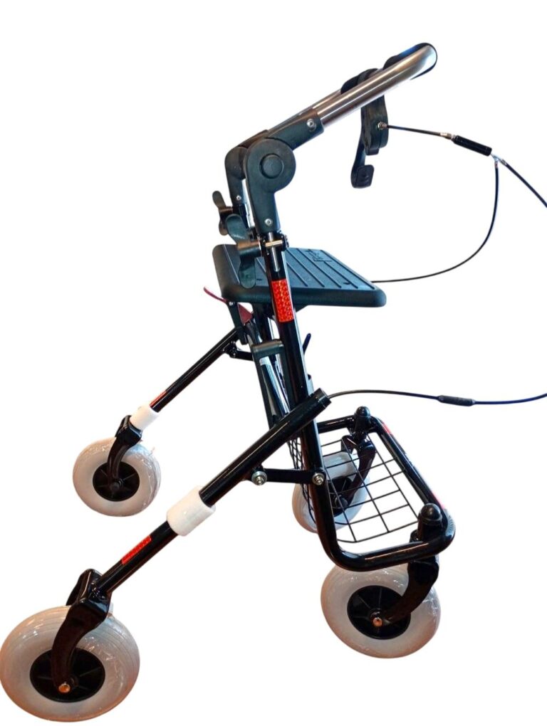 Zwarte rollator met opklapbare duwbeugel eenzijdige rem links