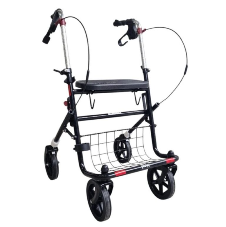 zwarte lichtgewicht rollator met zwarte banden en velgen