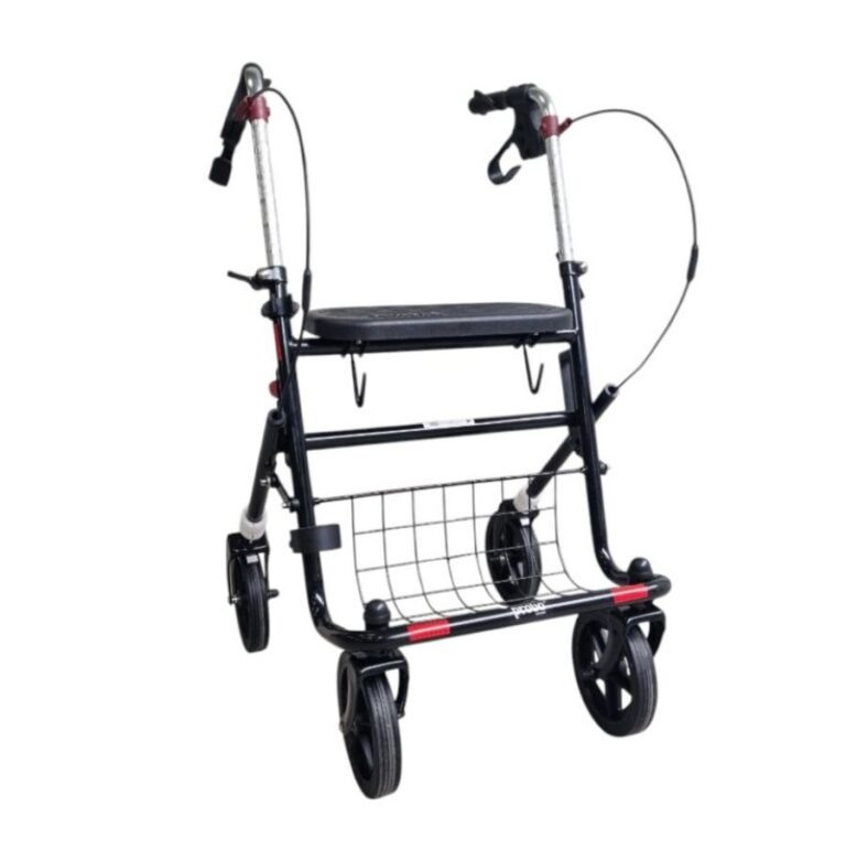 zwarte lichtgewicht rollator met zwarte banden en velgen