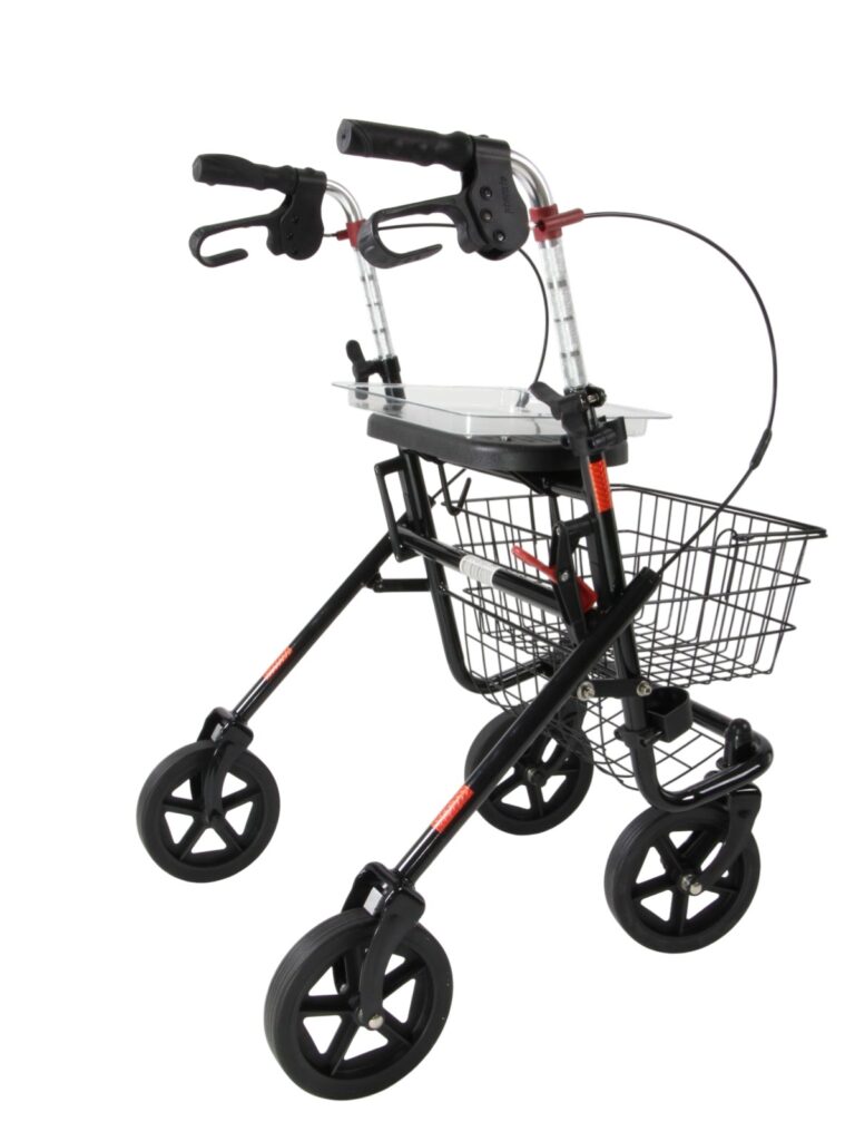 achter-zijkant zwarte lichtgewicht rollator van premis in de kleur zwarte met zwarte banden