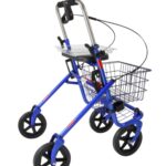 zijkant achterkant rollator lichtgewicht met zwarte banden in de kleur blauw