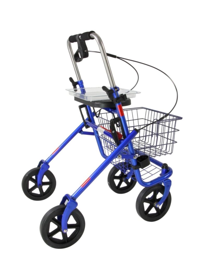 zijkant achterkant rollator lichtgewicht met zwarte banden in de kleur blauw