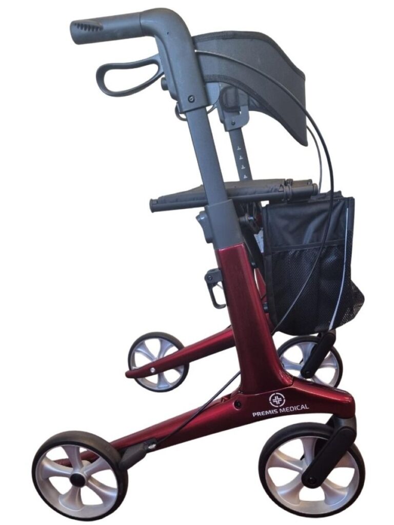 Zjkant van de Lichtgewicht ROHERA rollator in de kleur rood