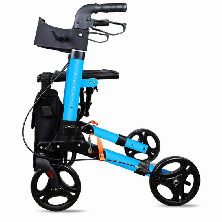 Blauw lichtgewicht rollator in d ekleur blauw is dubbel opvoubaar