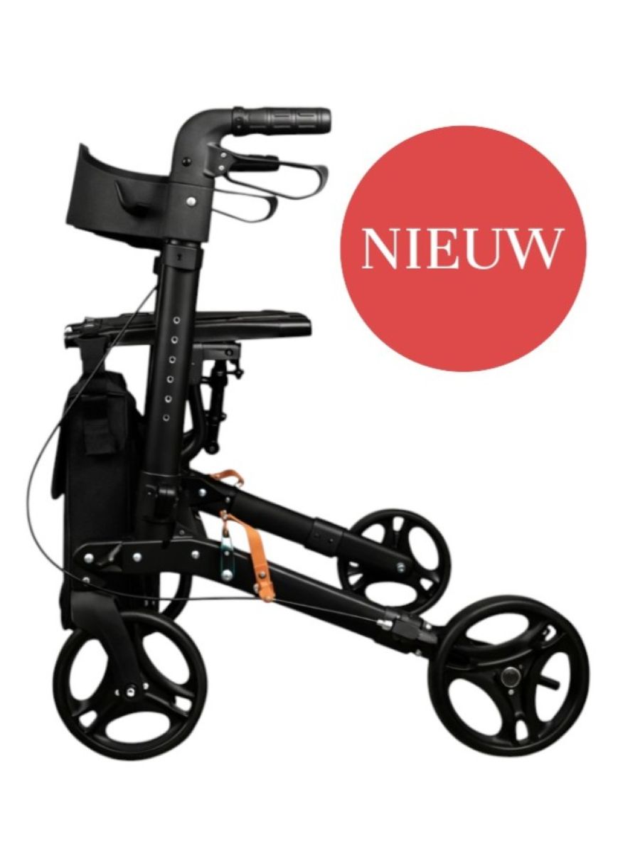 voorkant zwarte lichtgewicht rollator dubbel opvouwbaar