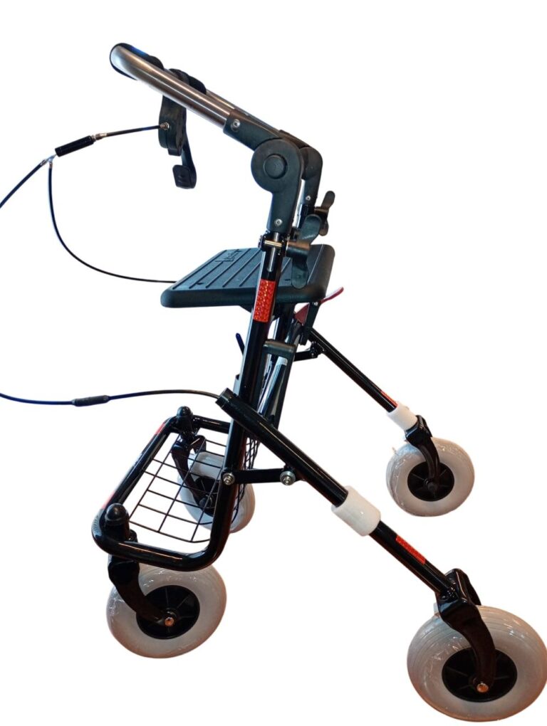 Zwarte rollator met opklapbare duwbeugel eenzijdige rem rechts