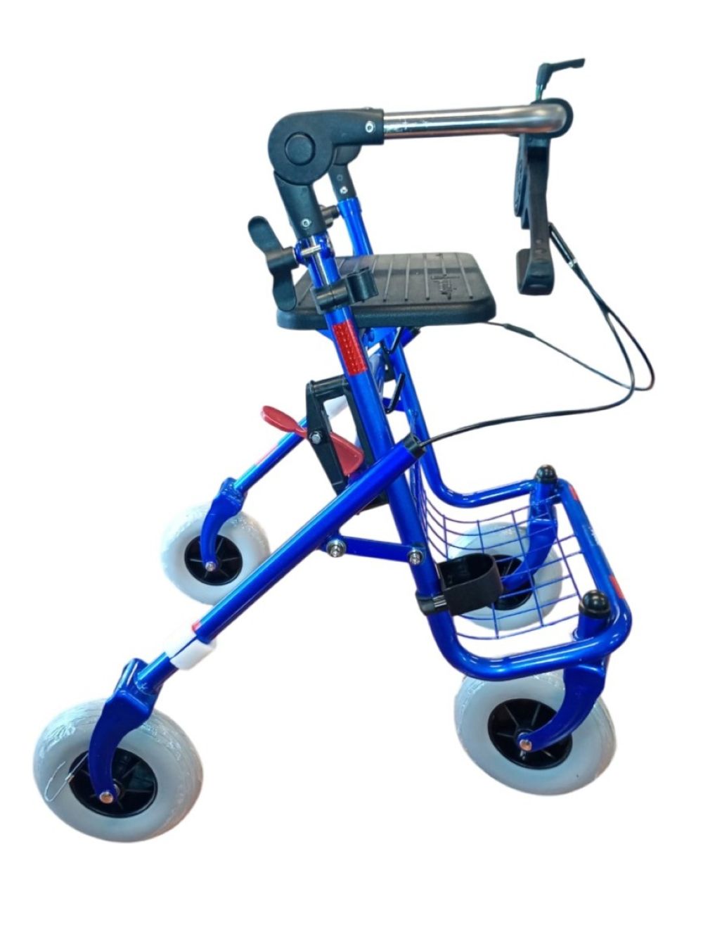 Blauwe rollator met opklapbare duwbeugel eenzijdige rem rechts
