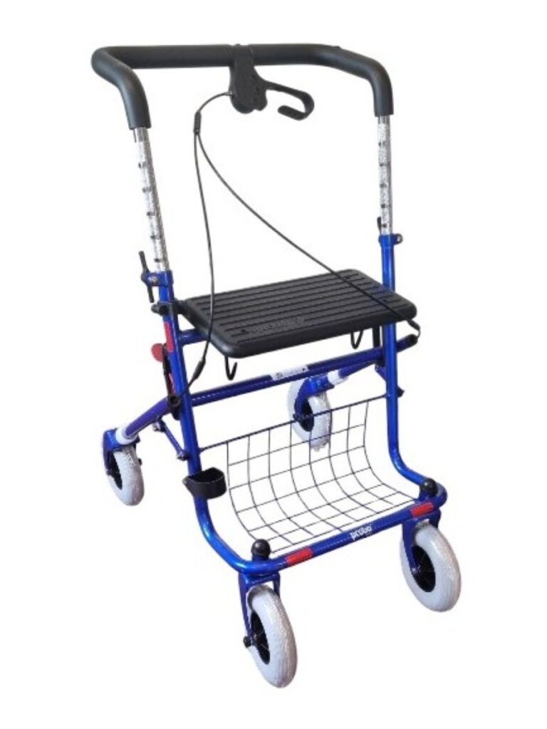 blauwe rollator met duwbeugel eenzijdige rem links