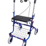 blauwe rollator met duwbeugel een eenzijdige rem rechts of links