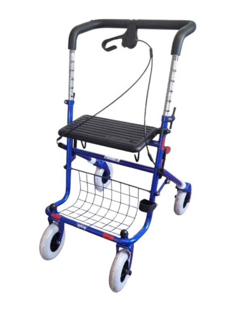 blauwe rollator met duwbeugel een eenzijdige rem rechts of links