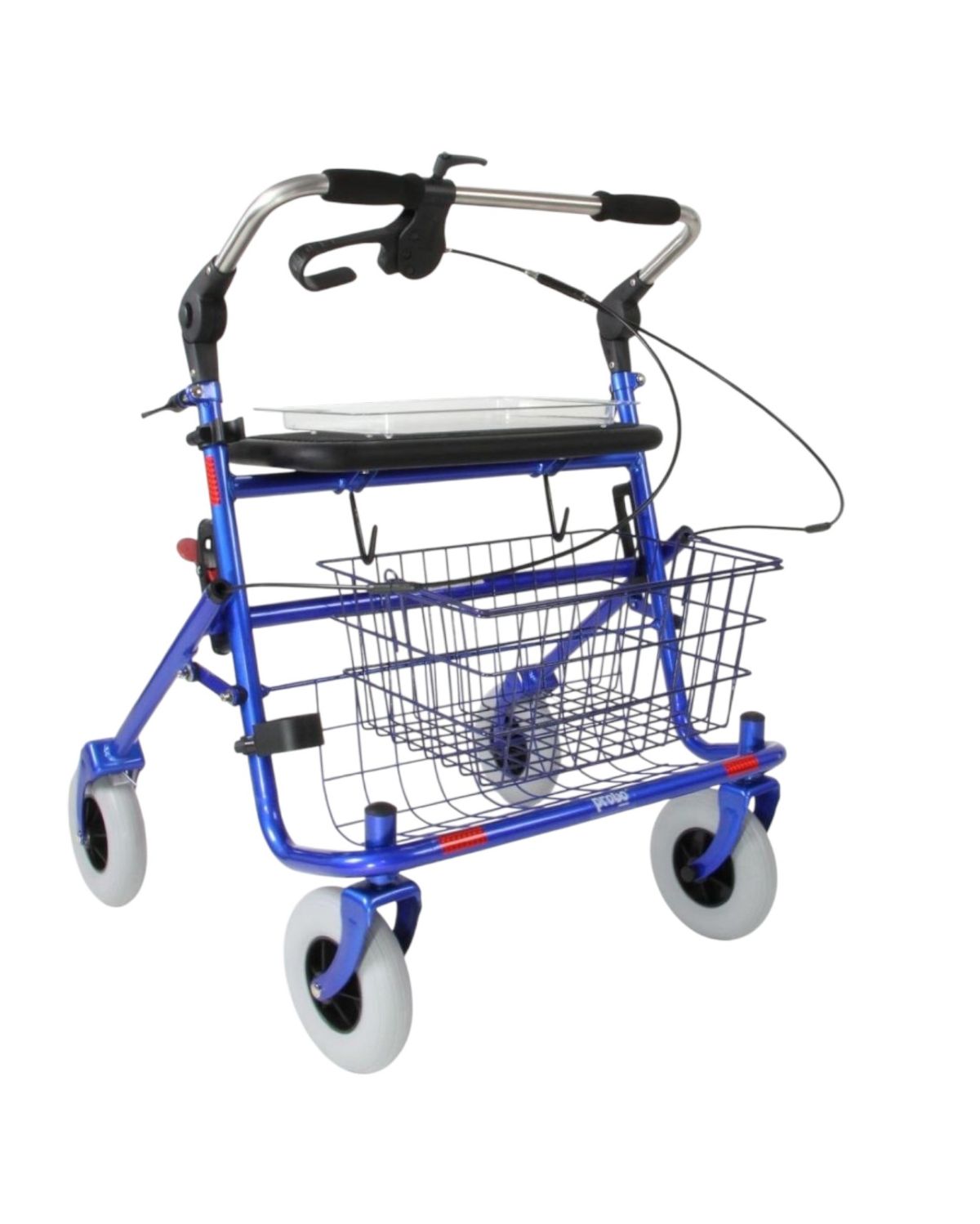 Blauwe rollator met opklapbare duwbeugel eenzijge rem rechts