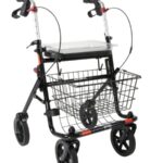 zwarte lichtgewicht rollator met mand en dienblad en zwart banden