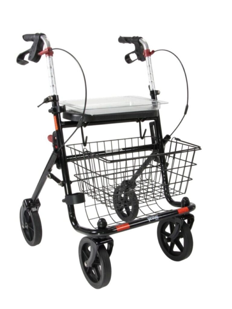 zwarte lichtgewicht rollator met mand en dienblad en zwart banden