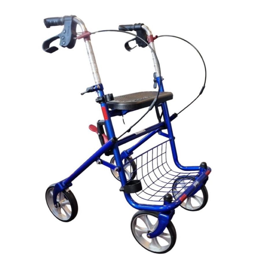 zijkant blauwe lichtgewicht rollator met zwart zilveren banden