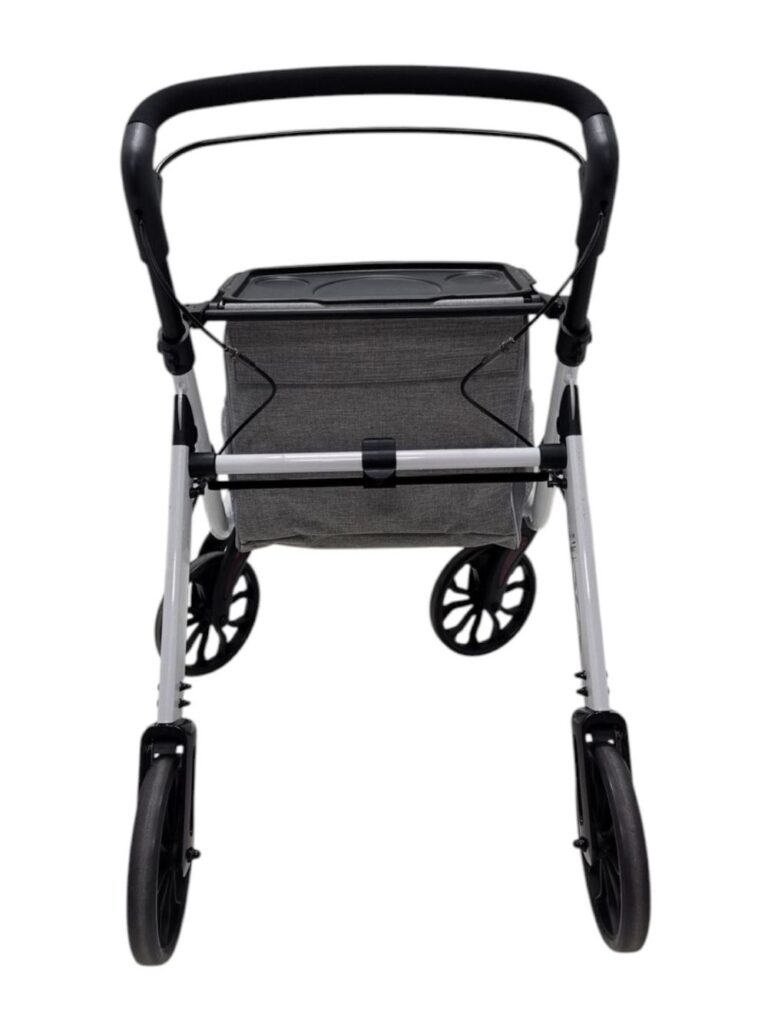 Achterkant nieuwe versie rollator voor binnen en buiten met tas